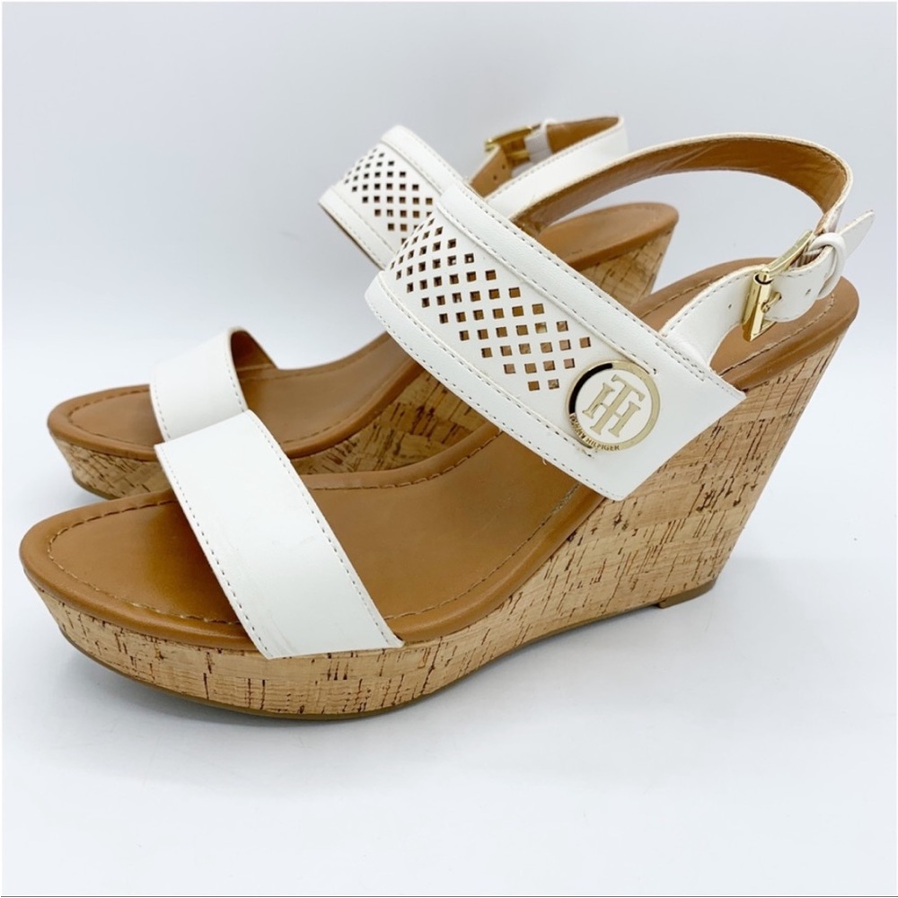 Tommy Hilfiger White and Tan Wedge Sandals